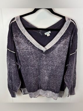 Sundance Burnout V-Neck Sweater Indigo Blue Exposed Seams Cotton Women's XL Top